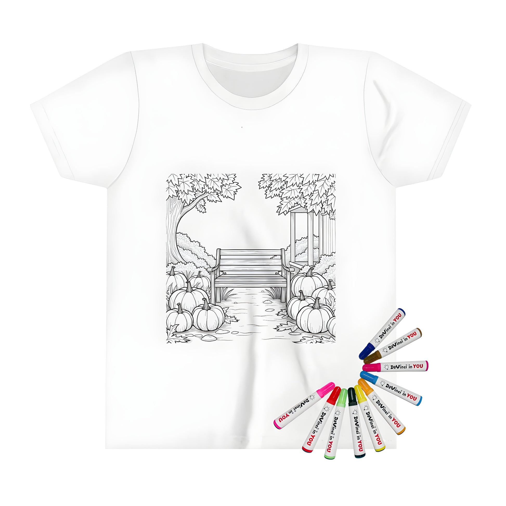 Coloring page design on kid's t-shirt featuring wooden seat, pumpkin patch, autumn foliage