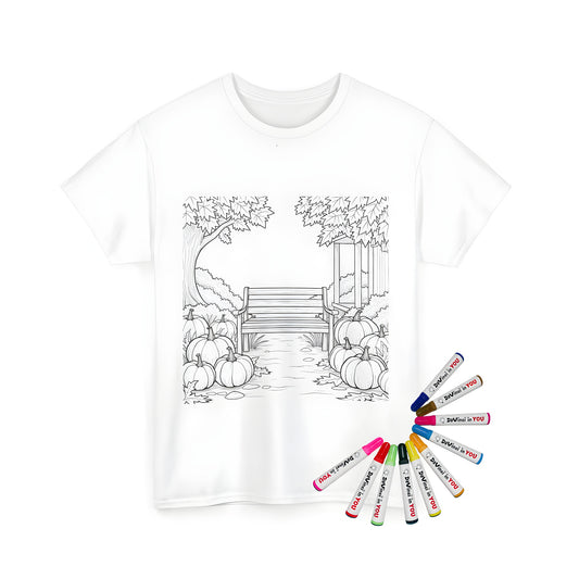 Cozy garden scene printed on a comfortable unisex t-shirt with wooden seat, decorated with vibrant autumnal pumpkins and foliage