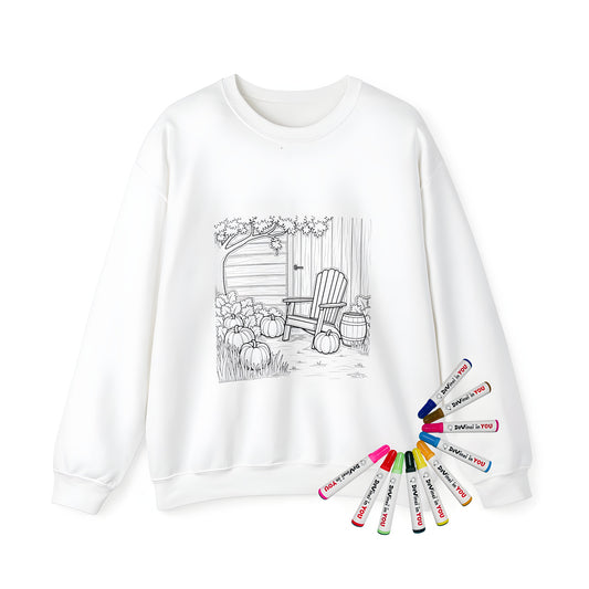 Adult sweatshirt featuring a serene garden scene with pumpkins and fall foliage on a rustic wooden fence background.