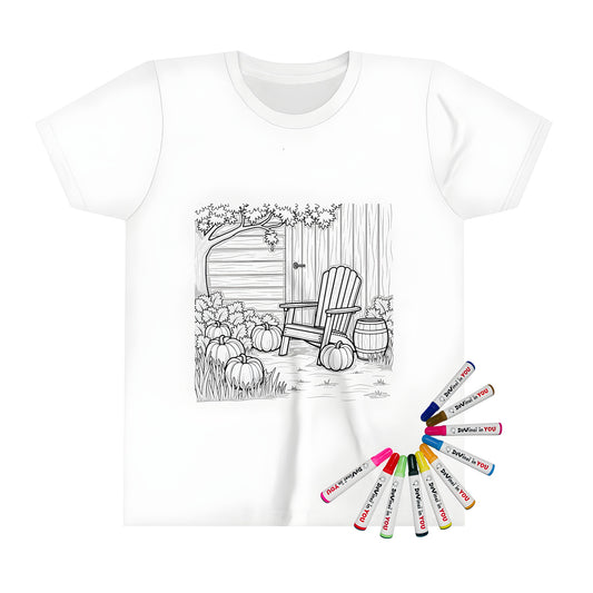 Colorful kids' t-shirt featuring a serene garden scene with pumpkins and fall foliage