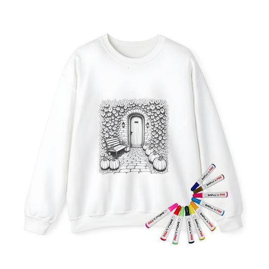 Adult sweatshirt with a colorful A tranquil garden scene design featuring wooden door bench pumpkins and lush flowers