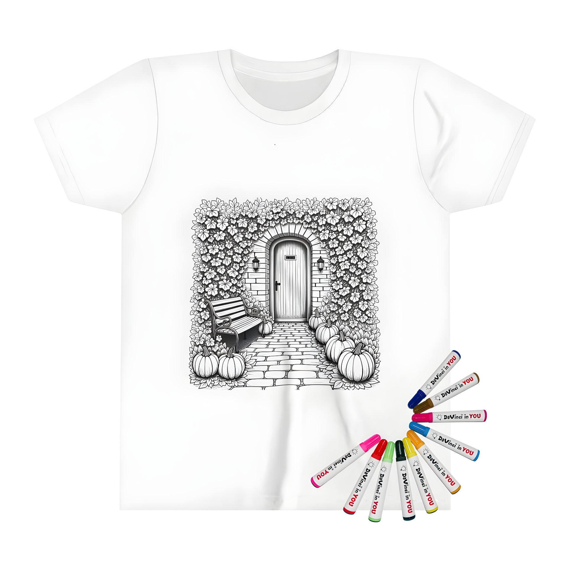 A kid's t-shirt featuring an enchanting autumnal scene with a wooden door, bench, and vibrant pumpkin patch amidst lush flowers, waiting to be colored in. Perfect for little ones who love the great outdoors.