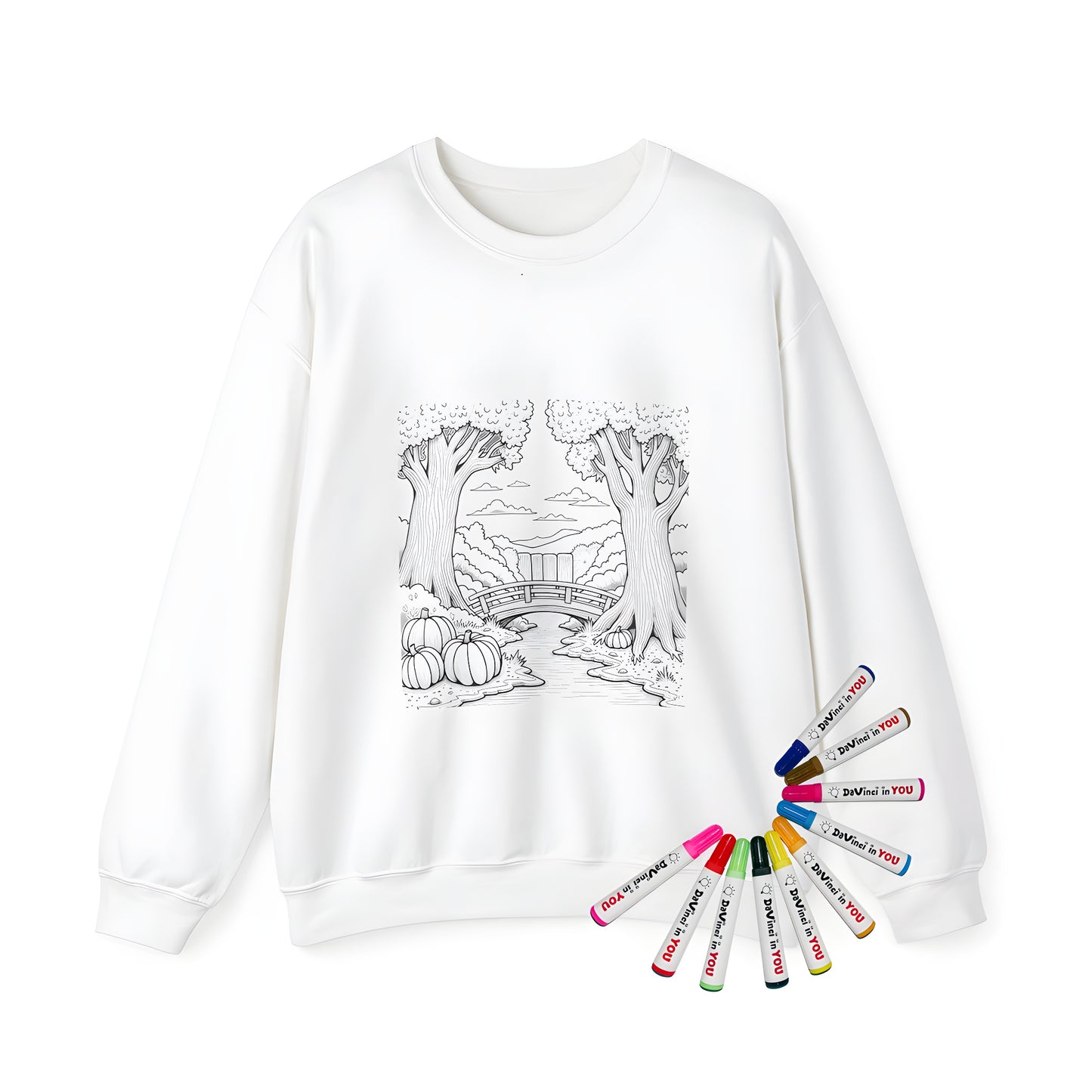 Serene nature scene sweatshirt for adults with tree designs, riverbank inspiration, and pumpkin motifs