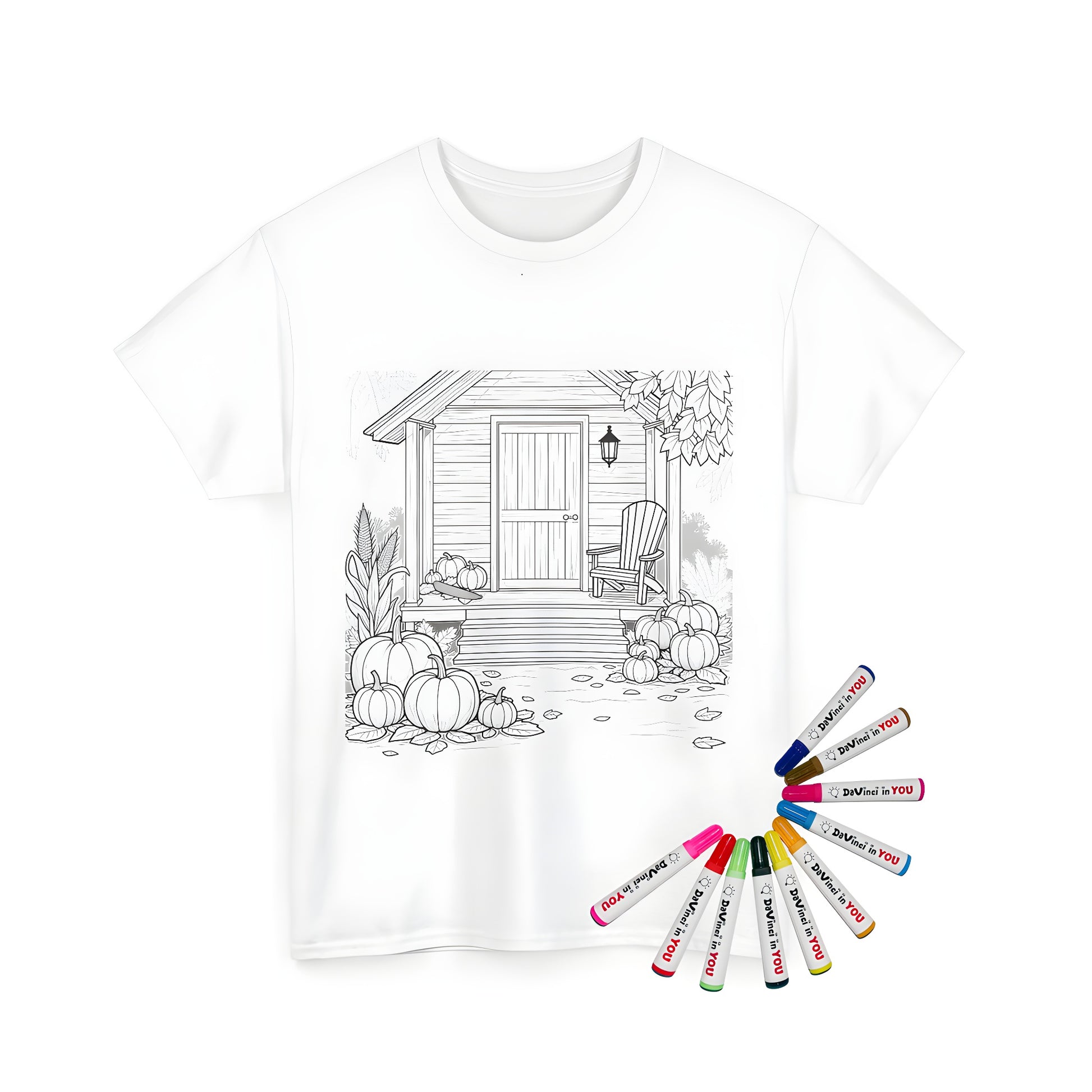 Unisex t-shirt featuring a serene country house porch design with pumpkins and foliage