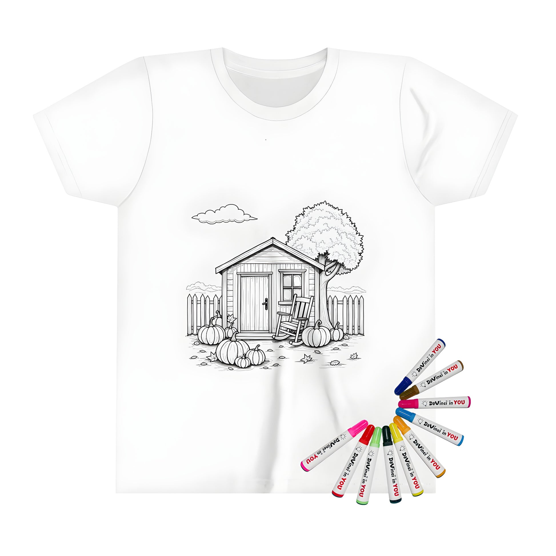 A quaint cottage coloring kit t-shirt with autumnal scene, featuring pumpkins, trees, and a picket fence.