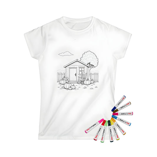 Cozy autumnal cottage scene on a women's t-shirt with vibrant fabric markers