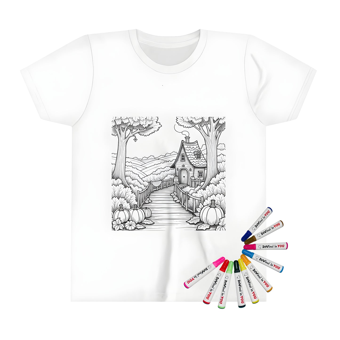 Charming countryside home coloring kit for kids with fabric markers, prints on a kid's t-shirt