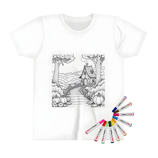 Charming countryside home coloring kit for kids with fabric markers, prints on a kid's t-shirt