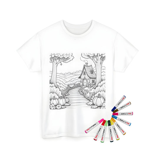 Colorful country house design t-shirt for women and men, featuring an illustration of a charming cottage surrounded by greenery, pumpkins, and trees