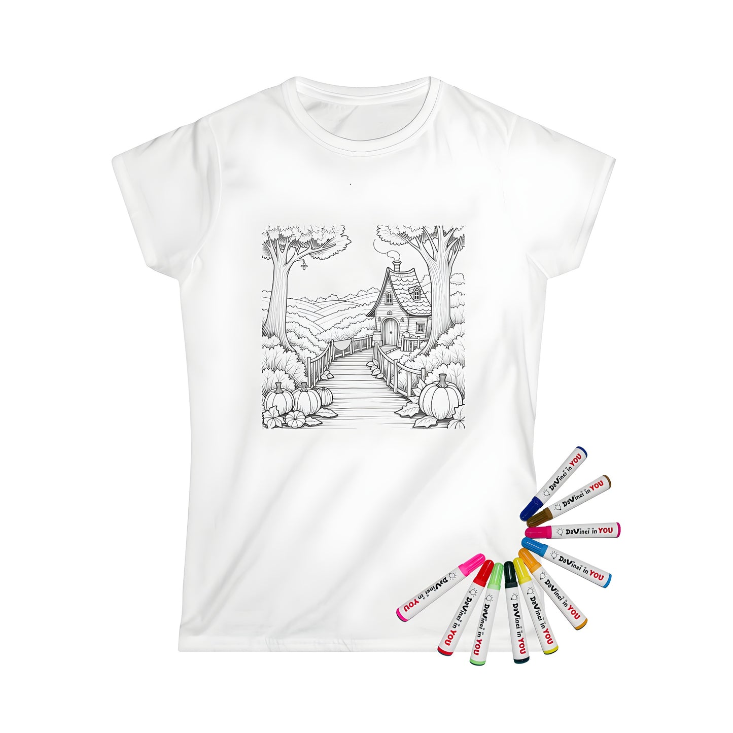 Women's t-shirt with country home design featuring charming countryside house, farmhouse, or cottage amidst lush greenery