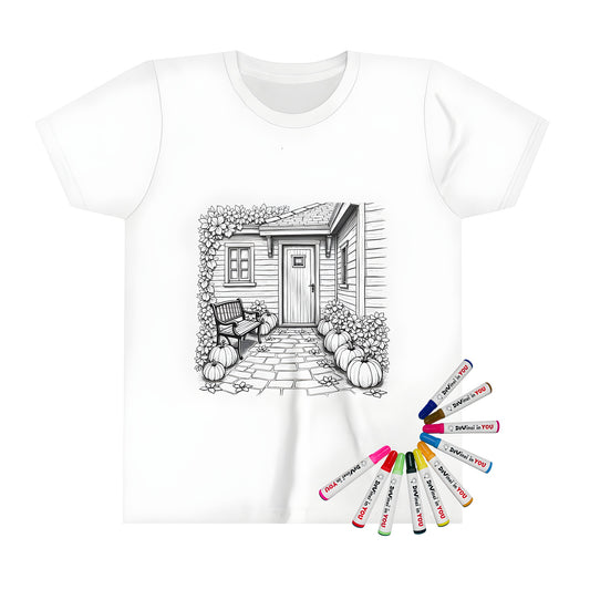 Colorful kid's t-shirt featuring an idyllic countryside cottage entrance scene with pumpkins and lush flowers, perfect for little ones who love art and imagination.