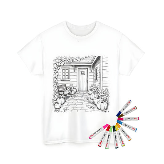 Cozy cottage entrance coloring kit on a unisex t-shirt featuring pumpkins and lush flowers, perfect for a country farmhouse or rustic home