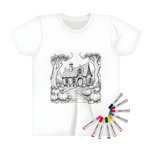 Colorful kid's t-shirt featuring a whimsical cottage scene with pumpkins and trees