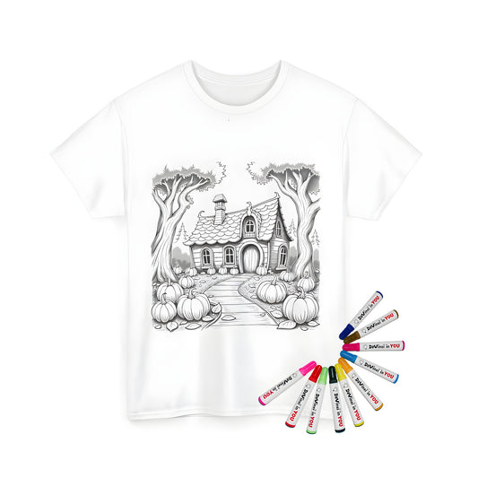 Unisex t-shirt featuring a charming cottage design with pumpkins in a wooded setting