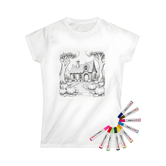 A charming cottage-themed Women's T-shirt design for coloring, surrounded by pumpkins in a serene wooded setting