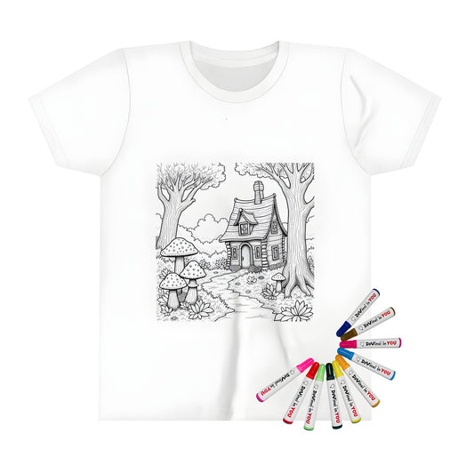 Colorful kid's t-shirt with a charming forest cottage design featuring trees and whimsical mushrooms