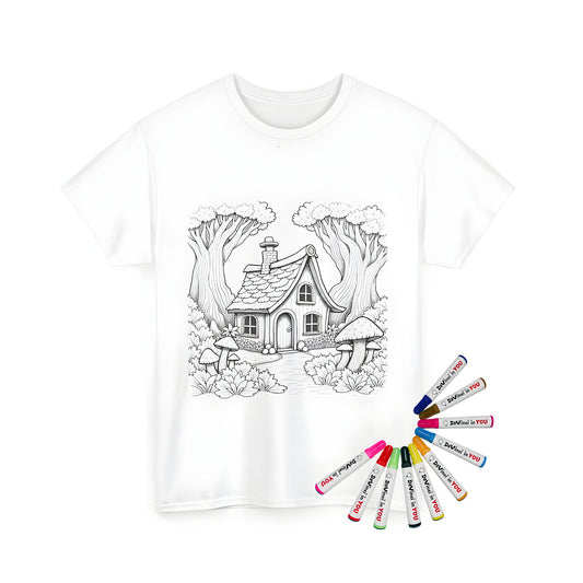 Unisex fantasy cottage themed t-shirt coloring kit with fabric markers