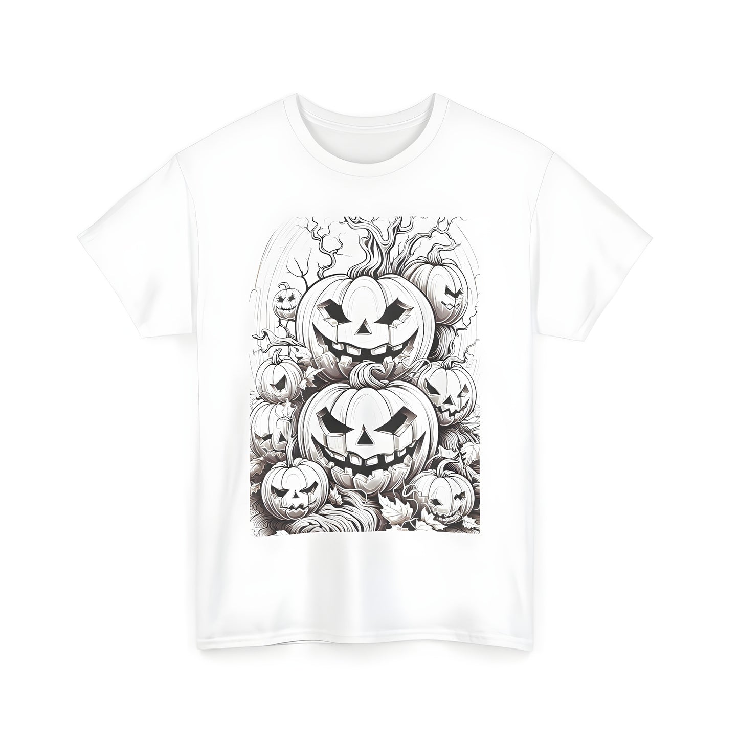 Colorful graphic t-shirt of intricately drawn gourds, jack-o'-lanterns and squash with spooky faces, surrounded by twisted branches and leaves