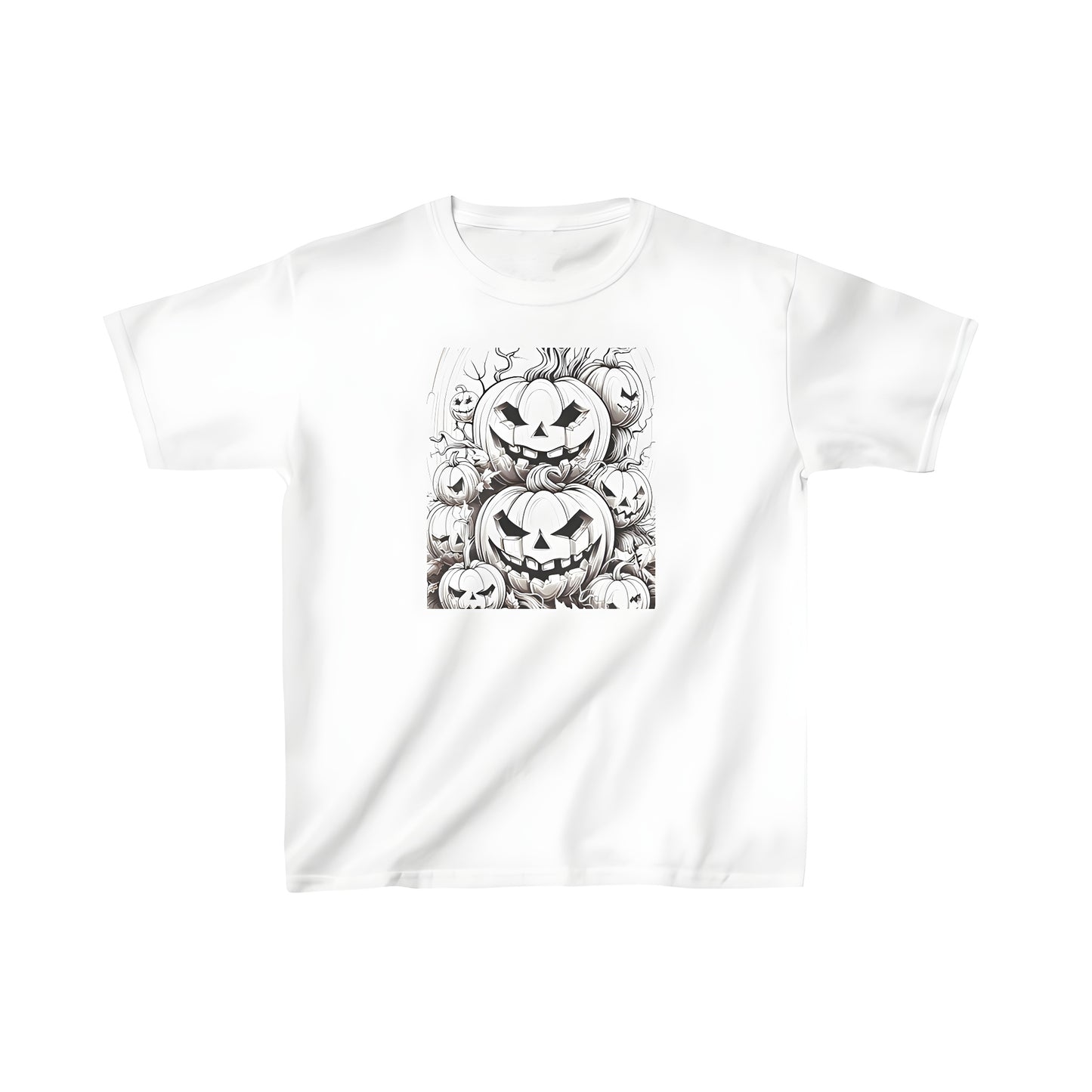 Colorful graphic design of intricately drawn gourds, squash, and jack-o-lanterns for kids' Halloween-themed t-shirt