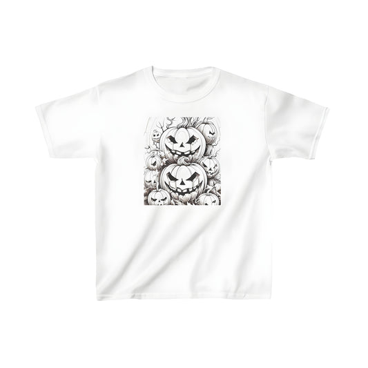 Colorful graphic design of intricately drawn gourds, squash, and jack-o-lanterns for kids' Halloween-themed t-shirt