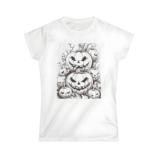 Women's graphic t-shirt featuring a colorful Halloween-themed design of intricately drawn gourds, squash, jack-o-lanterns and fall foliage, perfect for the spooky season.