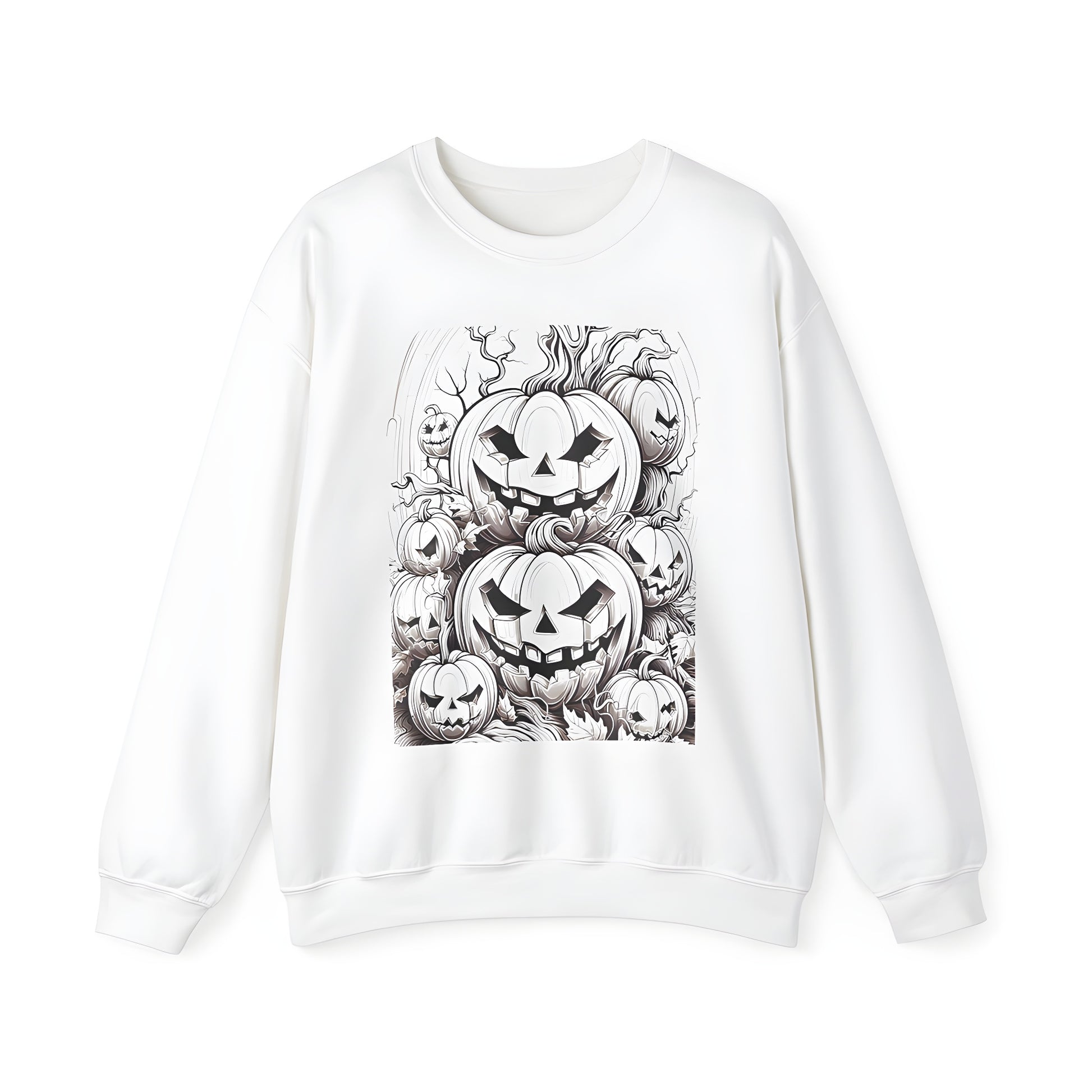 Cozy adult sweatshirt featuring a colorful graphic design of intricately drawn gourds, with spooky faces and autumnal details