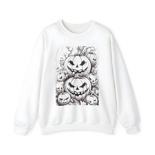 Cozy adult sweatshirt featuring a colorful graphic design of intricately drawn gourds, with spooky faces and autumnal details