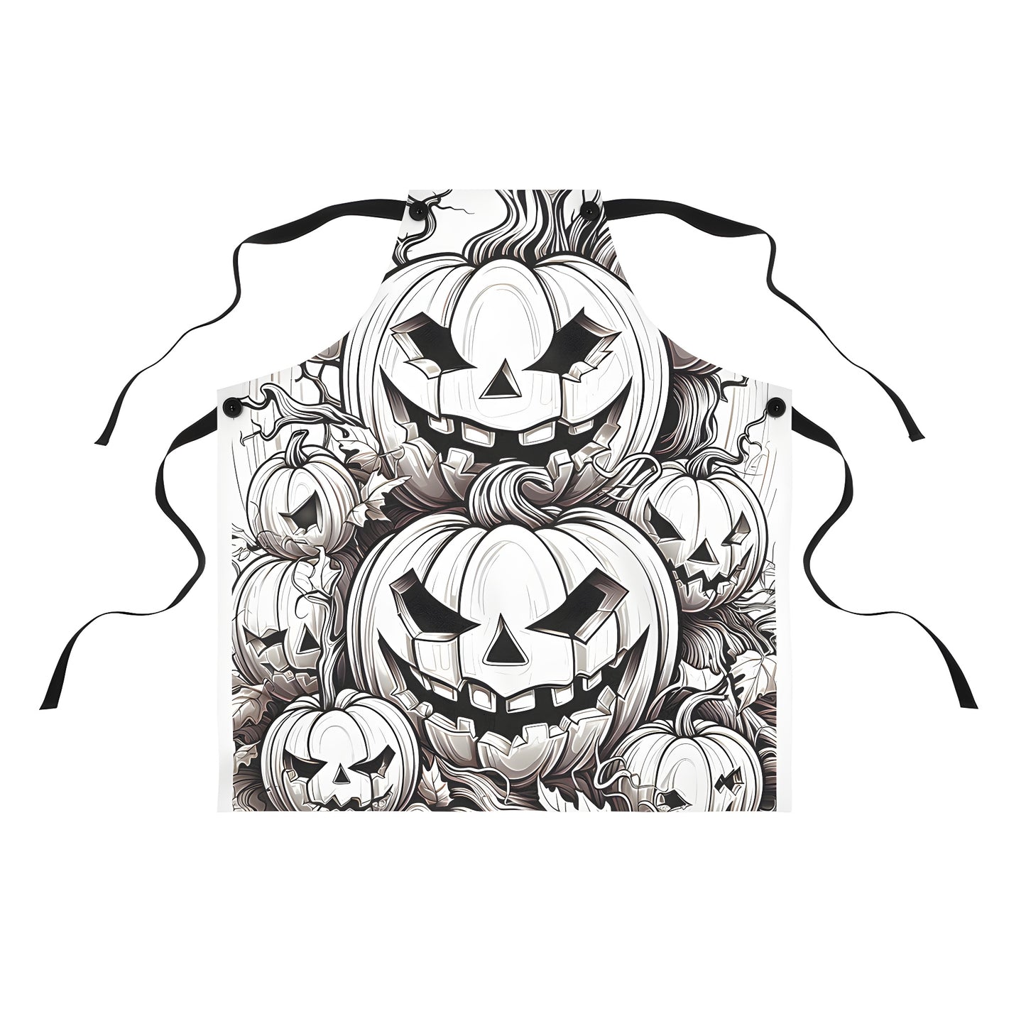 Colorful graphic apron featuring intricately drawn jack-o'-lanterns and pumpkins designs with spooky faces, set amidst twisted branches and autumn leaves