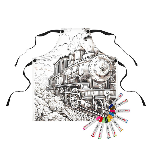 Apron with vintage locomotive design, countryside scene, colorful markers for creativity