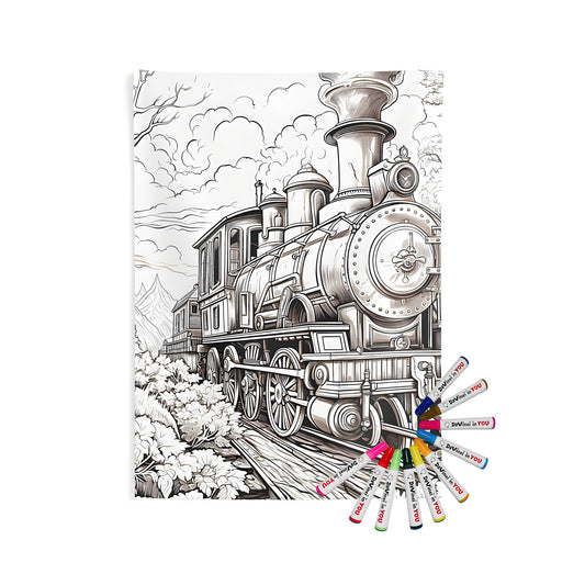 Colorful indoor wall tapestry featuring a vintage steam locomotive traveling through countryside scenery
