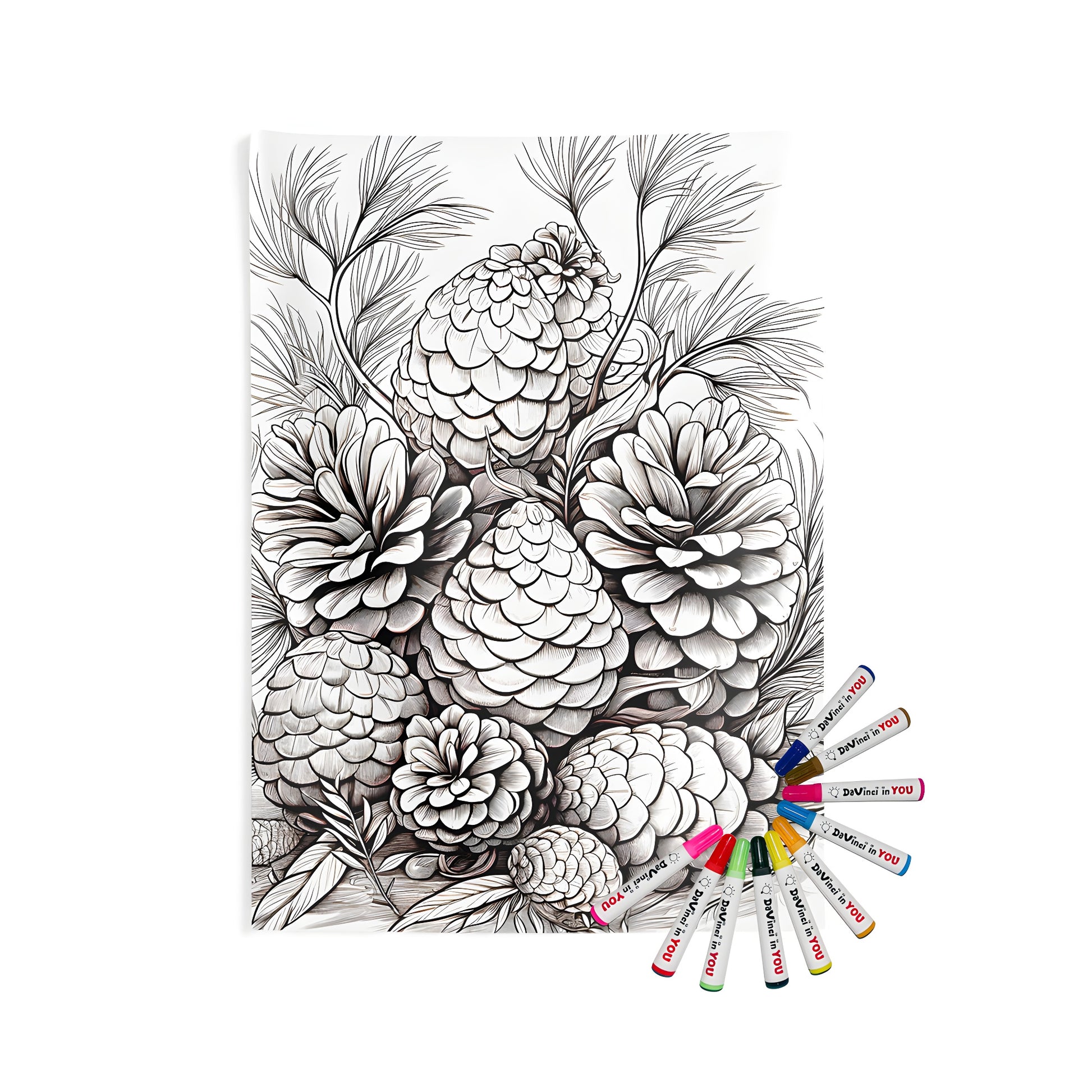 Intricate black and white illustration of pine trees cones, needles, and branches, perfect for a home decor tapestry coloring kit with markers