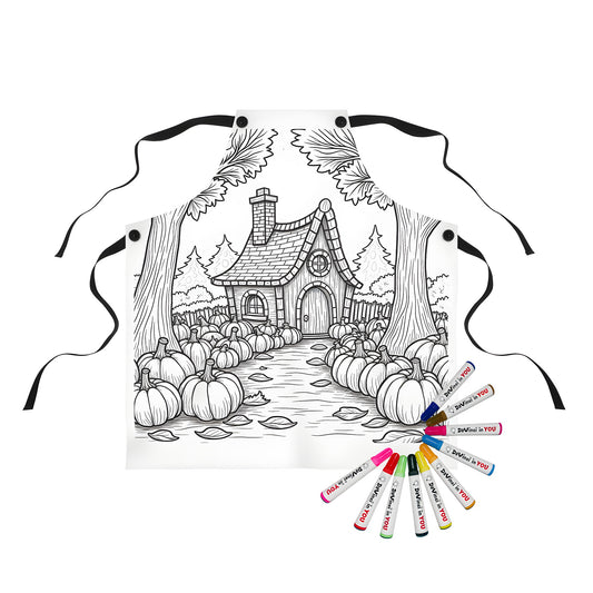 Apron featuring a charming cottage nestled among trees and pumpkins, perfect for autumn vibes