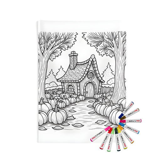 Coloring kit with fabric markers, featuring a cozy cottage amidst fall foliage