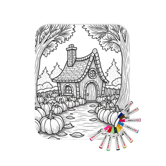 Cozy blanket featuring an idyllic pumpkin farmhouse, surrounded by vibrant fall foliage