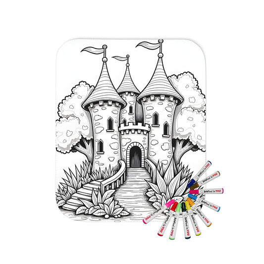 Cozy blanket featuring a detailed black and white illustration of a medieval castle, including towers with flags, surrounded by lush trees and greenery. Perfect for snuggling up with a fantasy themed throw.