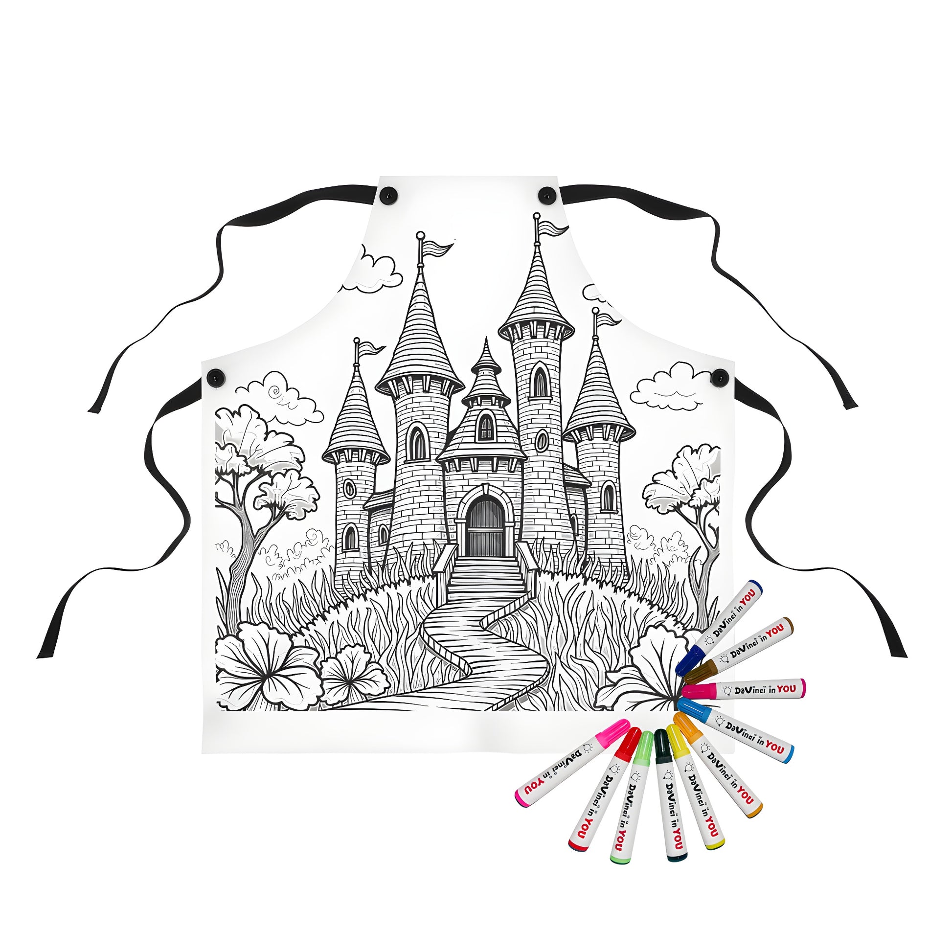 Coloring apron featuring a whimsical fantasy castle scene with multiple towers, lush gardens, and fluffy clouds