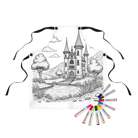 Detailed black and white illustration apron of a medieval fantasy castle, surrounded by trees, hills, and a pond for a unique and whimsical fashion accessory.