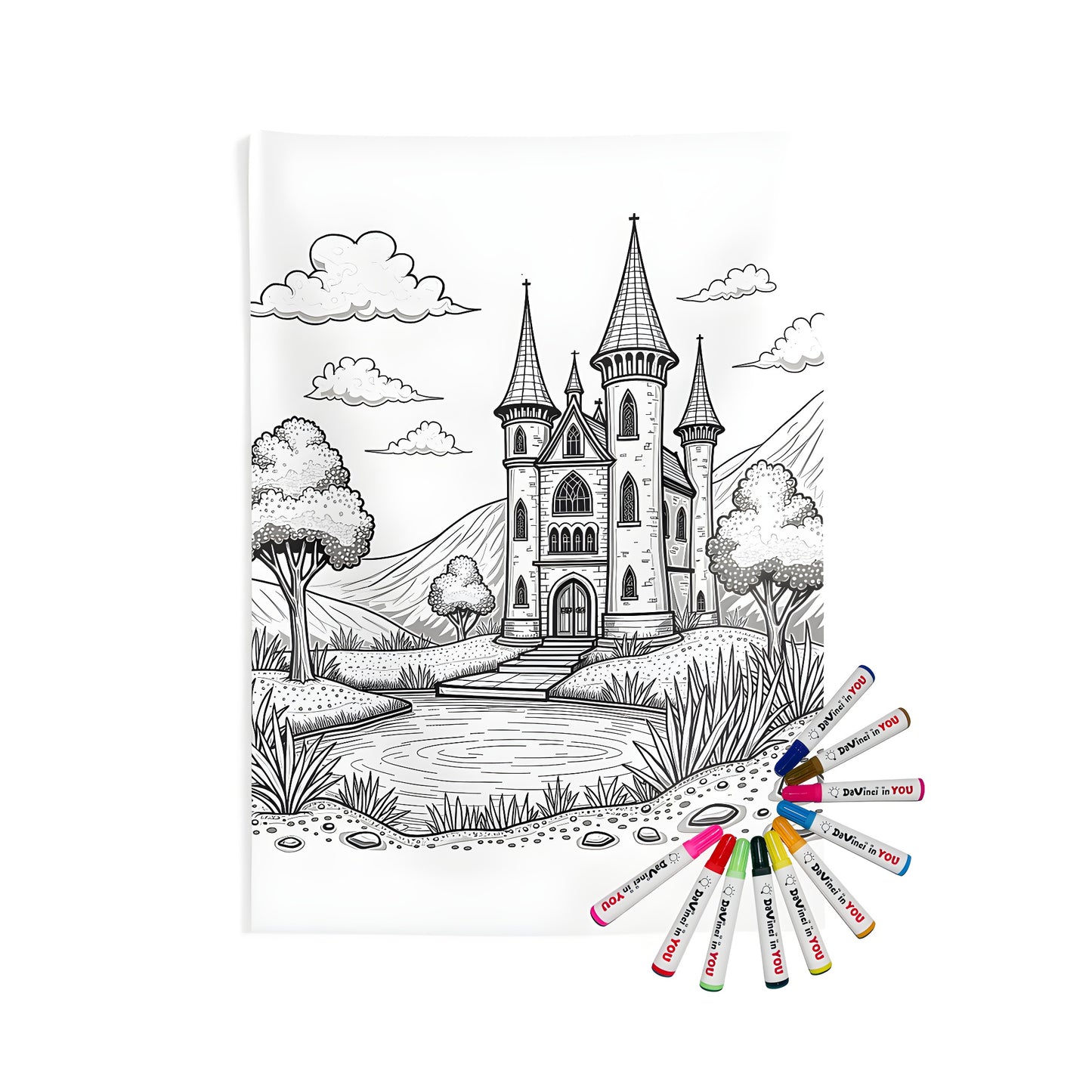 Coloring castle wall tapestry - detailed fantasy medieval illustration of a fairytale kingdom