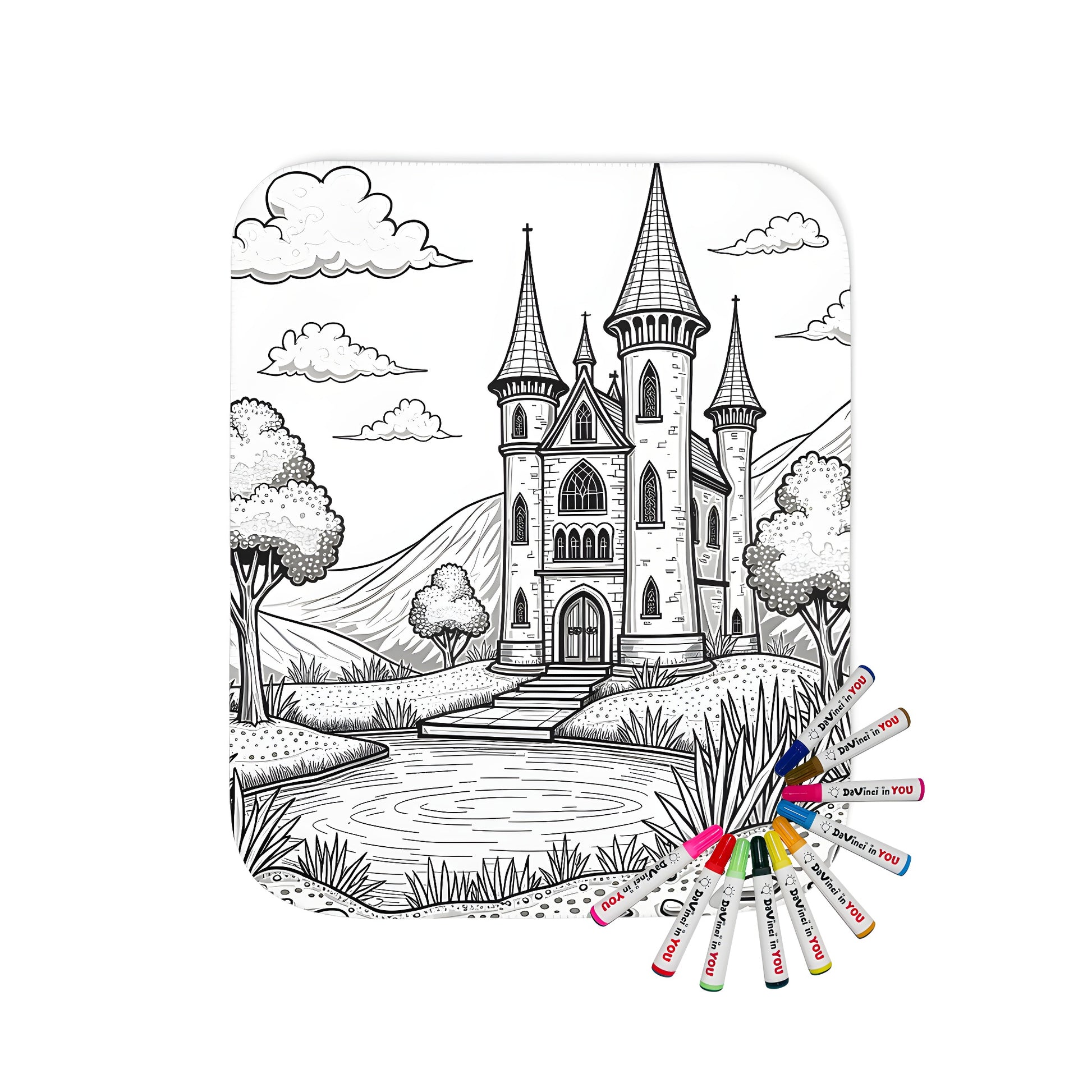 Cozy blanket with a detailed illustration of a medieval castle, surrounded by nature and featuring vibrant colors