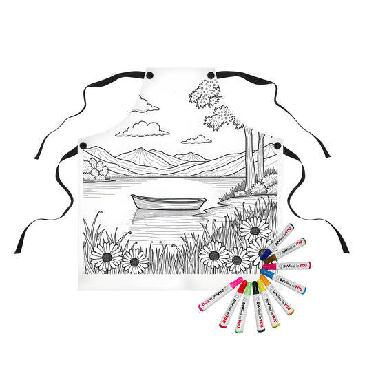 Apron featuring a tranquil scene of a boat on a lake with surrounding mountains, trees, and flowers for a calming coloring experience