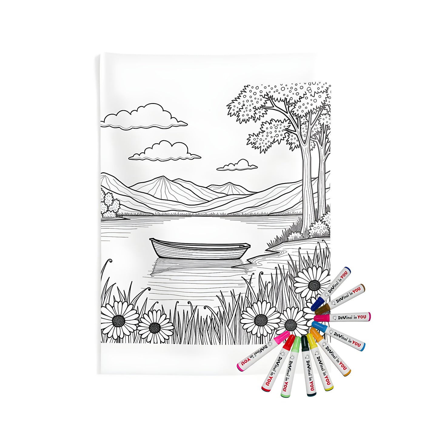 Cozy lakeside scenery wall tapestry with vibrant flowers, serene trees, and tranquil mountains