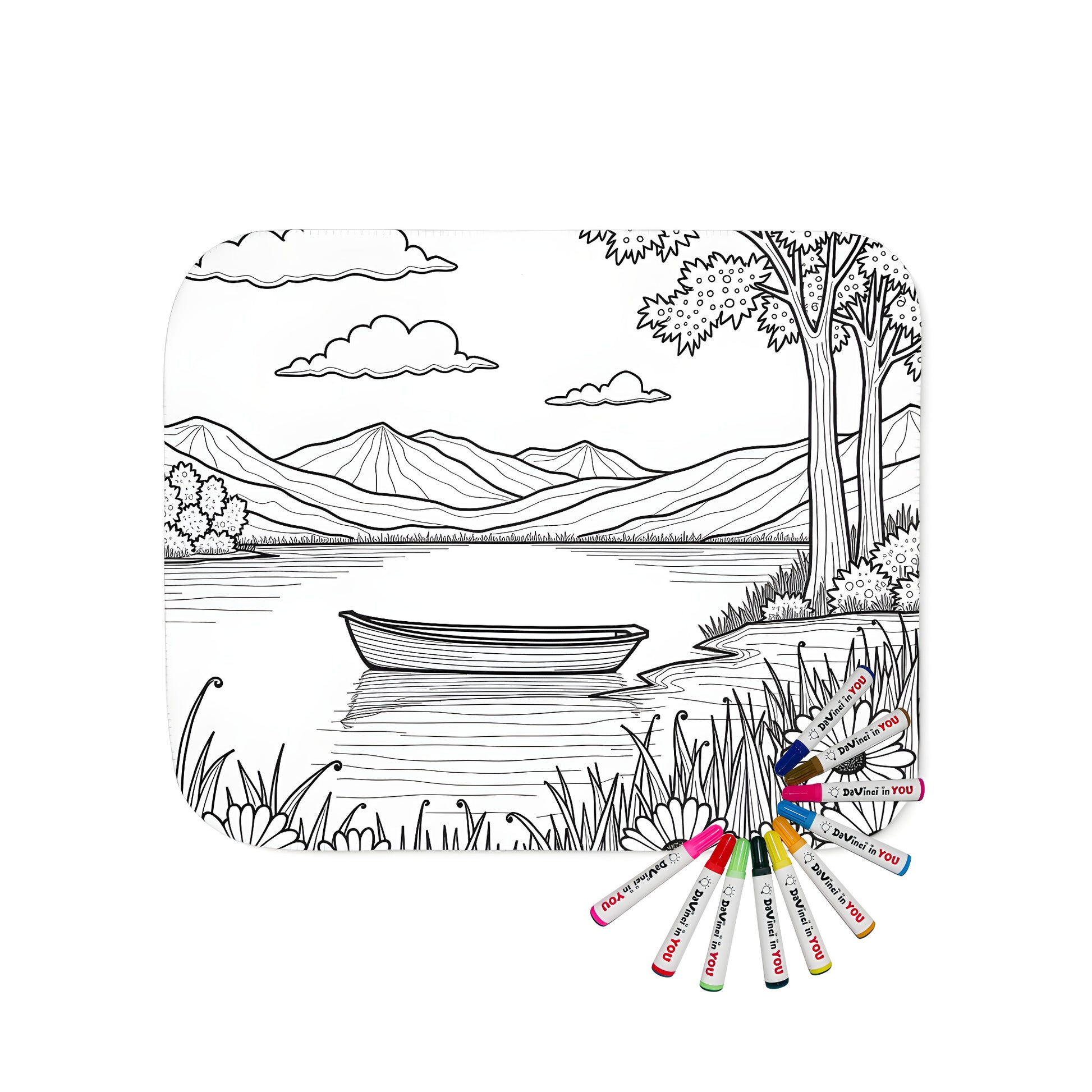 Blanket coloring kit lakeside scene tranquil landscape fabric markers included