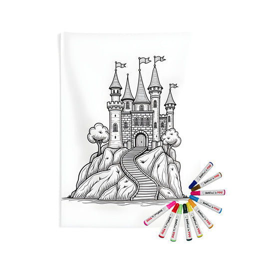 Magical castle tapestries for walls, indoor fabric art, enchanted palace decor