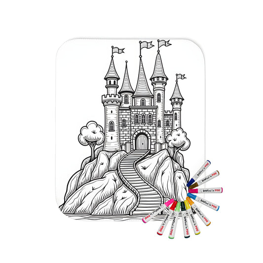 Cozy blanket featuring an enchanting castle illustration with towers, flags, and a winding staircase set on a rocky hill. Perfect for snuggling up with a coloring book or enjoying a peaceful evening.