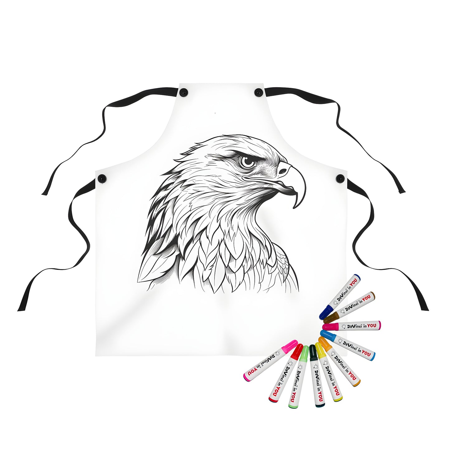 Colorful apron featuring an eagle's head illustration with detailed feathers and sharp eyes