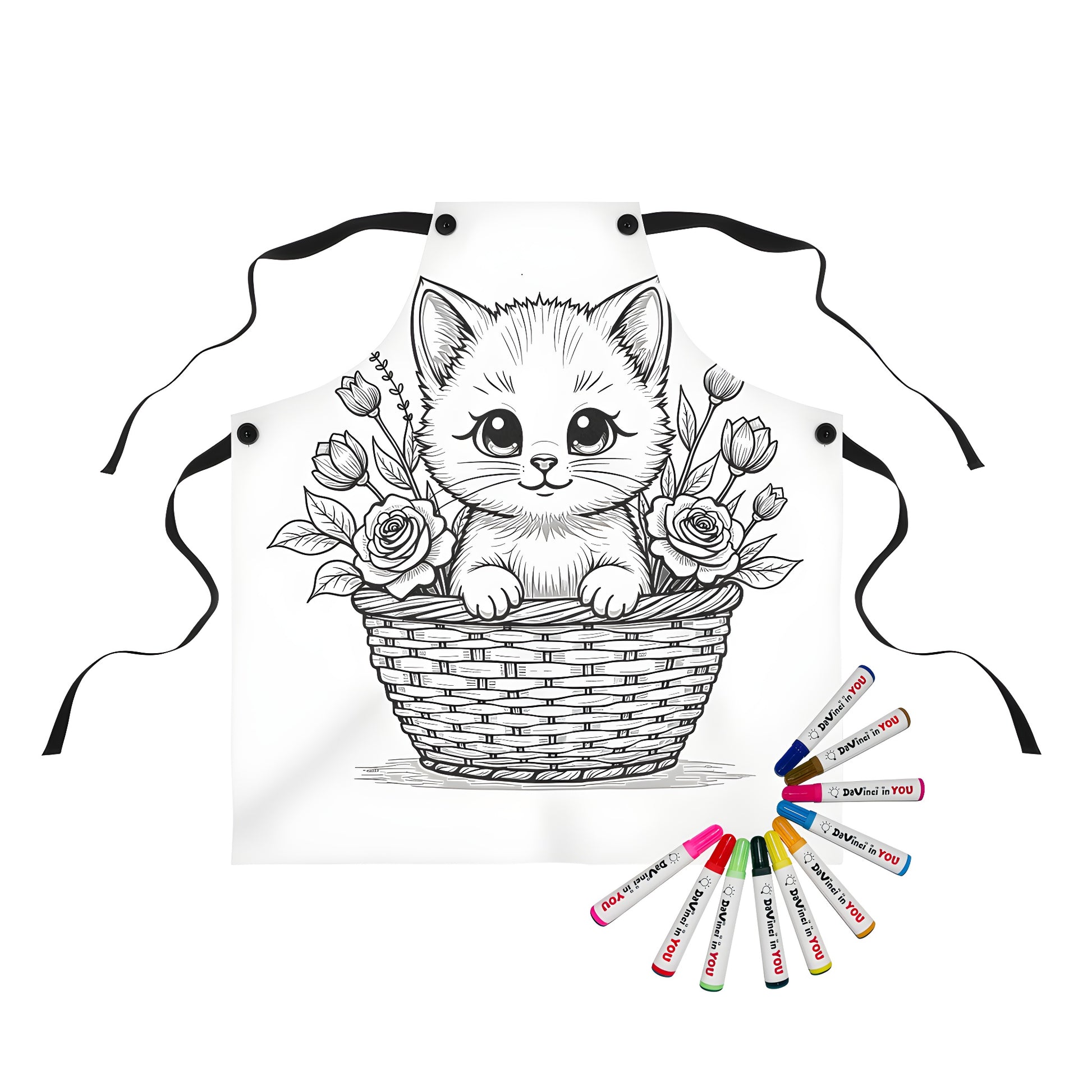 Coloring apron featuring an adorable kitten peeking out of a woven basket surrounded by roses and flowers