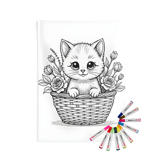Vibrant Indoor Wall Tapestry featuring an adorable kitten peeking from a woven basket, surrounded by roses and flowers.