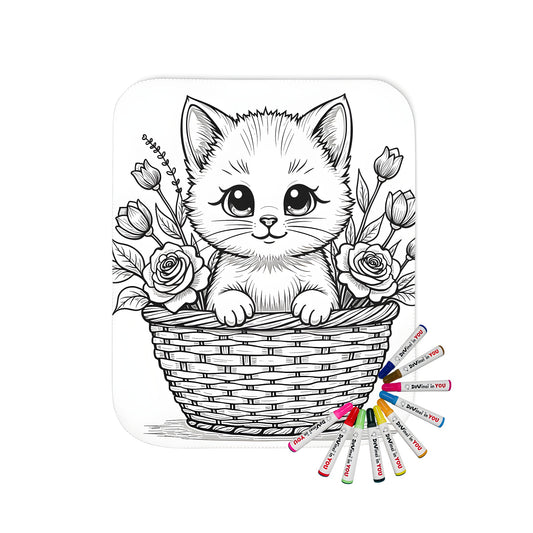 Blanket with adorable kitten peeking from wicker basket