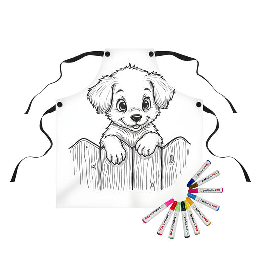 Colorful apron featuring a cheerful puppy peeking over a wooden fence, perfect for little ones who love dogs and creative expression.