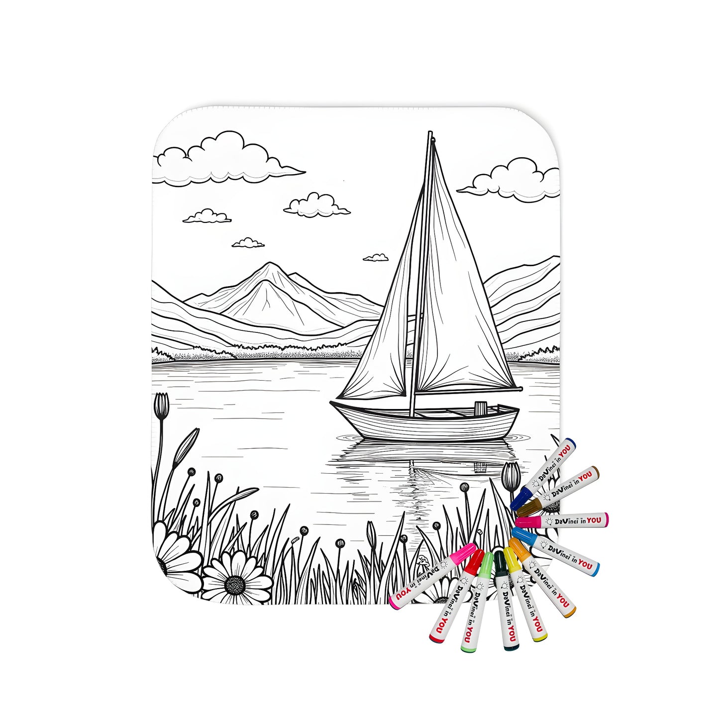 Cozy blanket featuring a peaceful sailboat design on serene lake surrounded by mountains and flowers